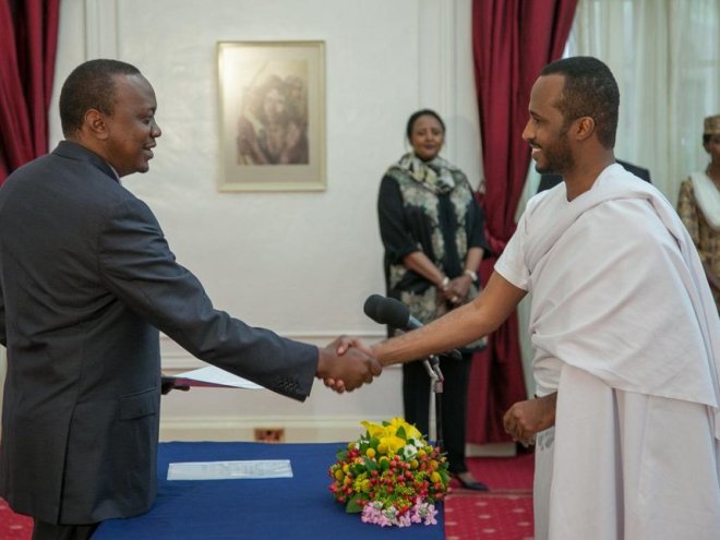 Gamal Mohamed Hassan- Ambassador of the Federal Republic of Somalia when he was received by President Uhuru Kenyatta at State House in August 2015. /PSCU